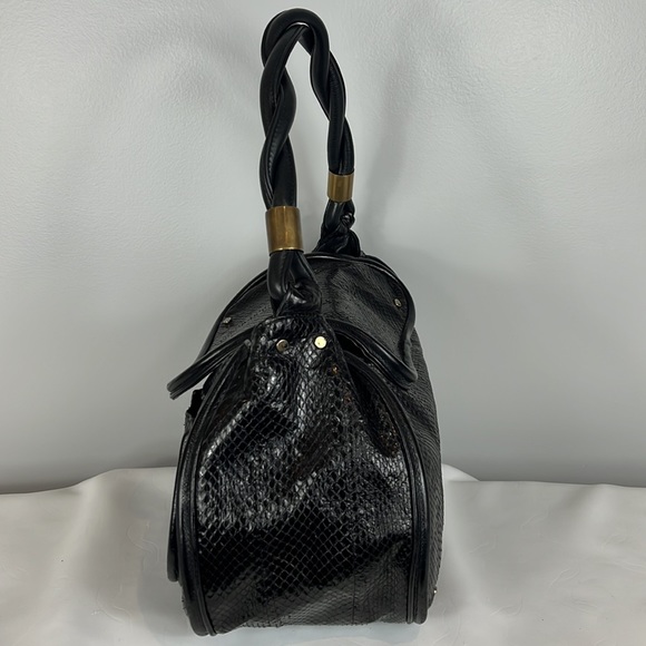 R&Y Augousti Large Black Python Snakeskin Shoulder Bag with Brass Hardware - Picture 4 of 17